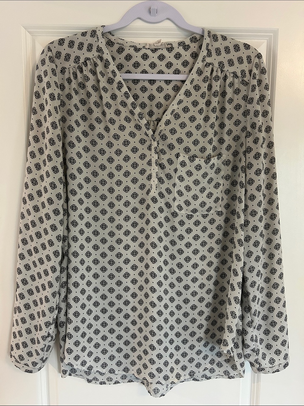 Pleione Cream Long-Sleeve Blouse with Black Floral Print